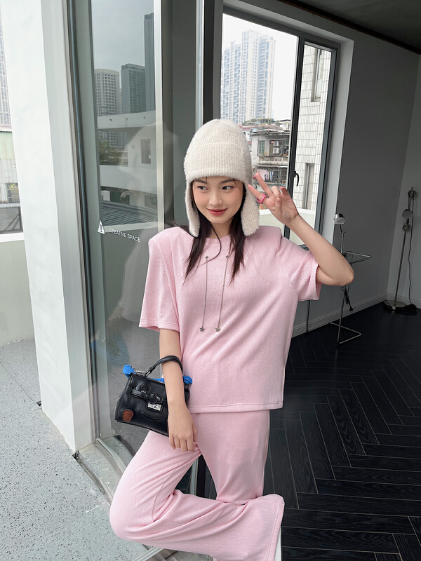 [DS] Korean style round neck short sleeve T-shirt + Elastic Waist Wide Leg casual pants set (with necklace) a6258# XYJ
