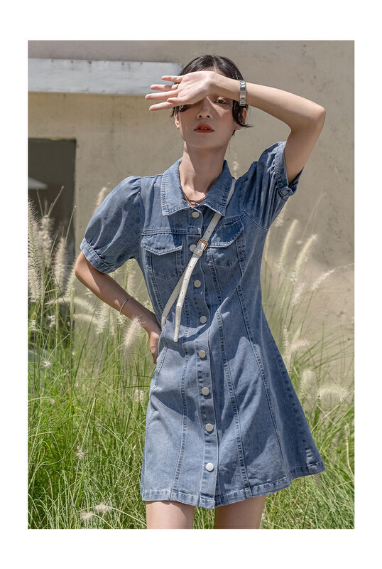 [Huaxi] Korean style bubble sleeve denim dress 8795# PCZ