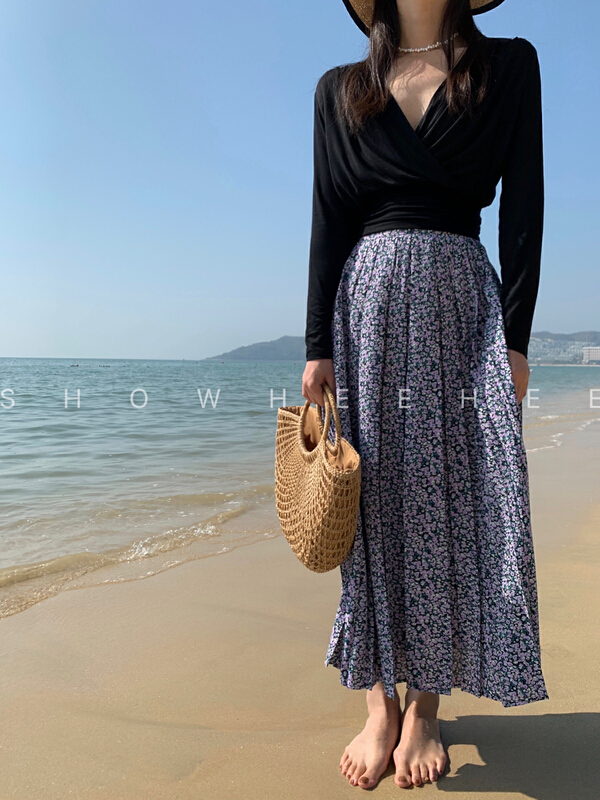 New year in early spring! [Xiu Xixi] Korean fresh and versatile high waist pleated floral skirt 19362-a# zxx