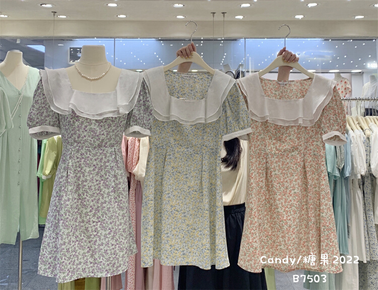 [candy] square neck floral bubble sleeve dress 7503# zjy
