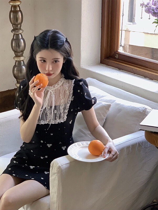 [smile baby] French Hepburn stitched lace tie bow dress b3096# WPL
