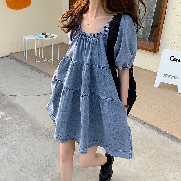 New year in early spring! [timely rain] Han Feng ins sweet retro square collar thin denim dress 65123# WPL