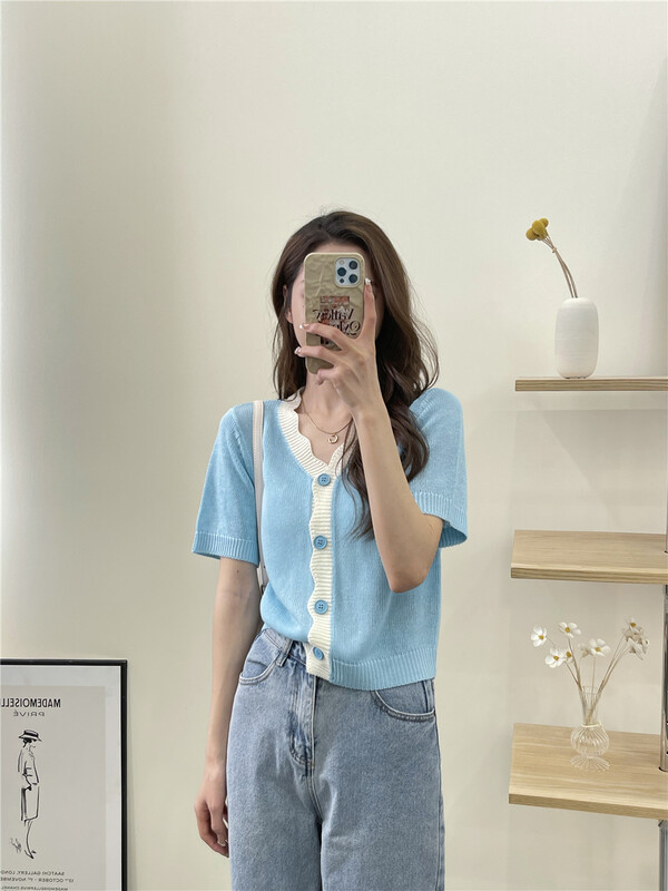 New year in early spring! [six plus] gentle lady temperament contrast short sleeved knit cardigan 5048# CLS