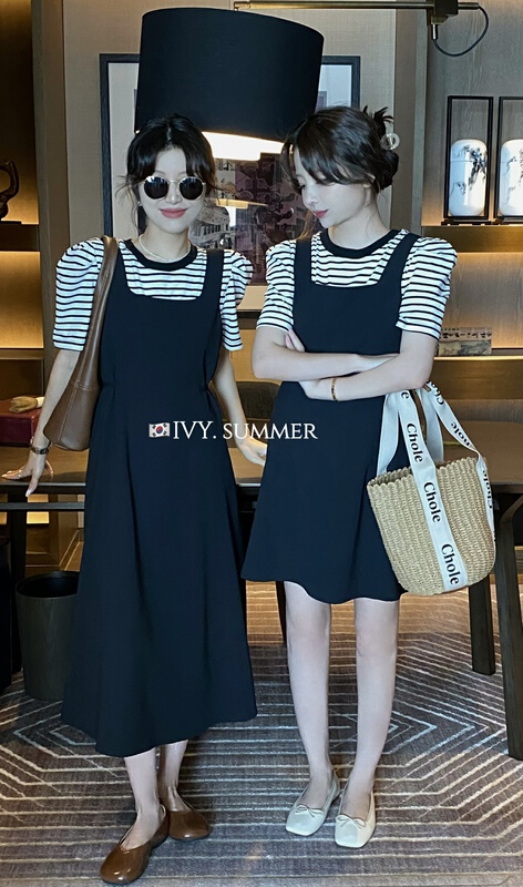 [Ivy] Korean striped bubble sleeve short sleeve T-shirt + solid color waistband vest skirt two sets 88196# XJ