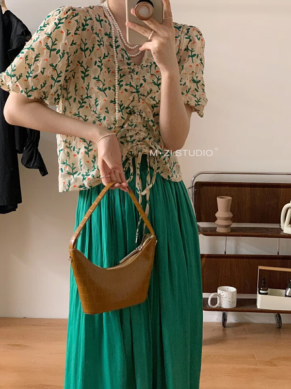 [m.zi studio] V-neck floral drawstring blouse 5598# HBx
