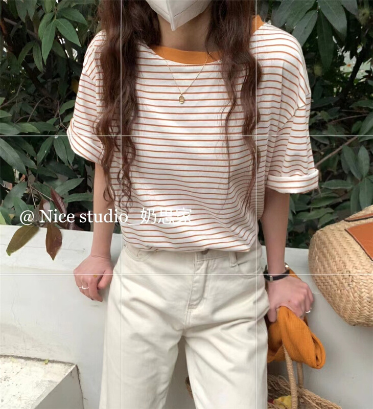 New year in early spring! [nice studio] simple stripe versatile short sleeve T-shirt 1605# zxl