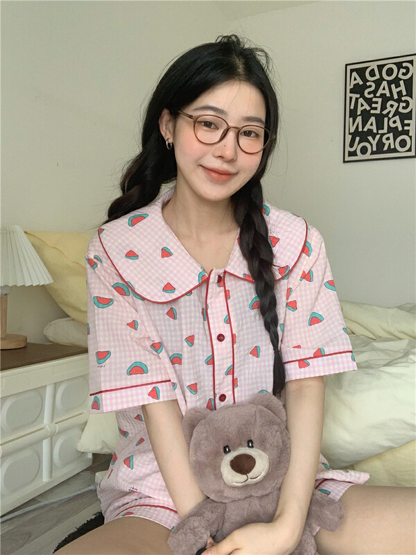 [timely rain] Hanfeng ins lovely watermelon fruit cardigan + home fashion shorts Pajama suit 03825# WPL
