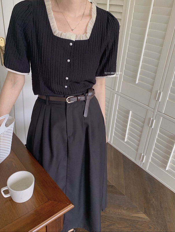 New in early summer! [your room] square neck stitched mesh blouse (only for blouses) 9102# cqw