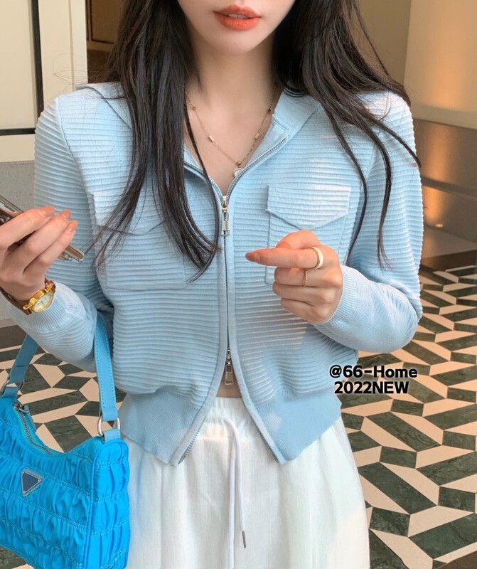 New year in early spring! [66 home] hooded double pocket zipper solid color knitted cardigan ys1-6716# PCZ