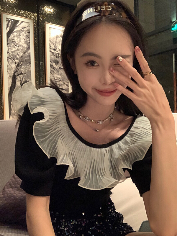 New in early summer! [by] sweetheart girl's ruffled bubble sleeve lace crimp design small shirt 3101# Cl