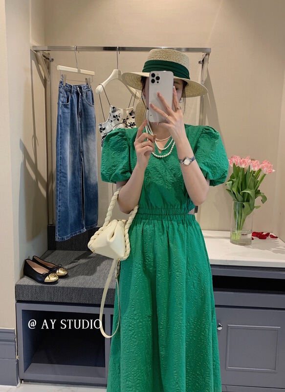 [ay studio] Korean version lady V-neck open waist short sleeve dress 66876\zxx