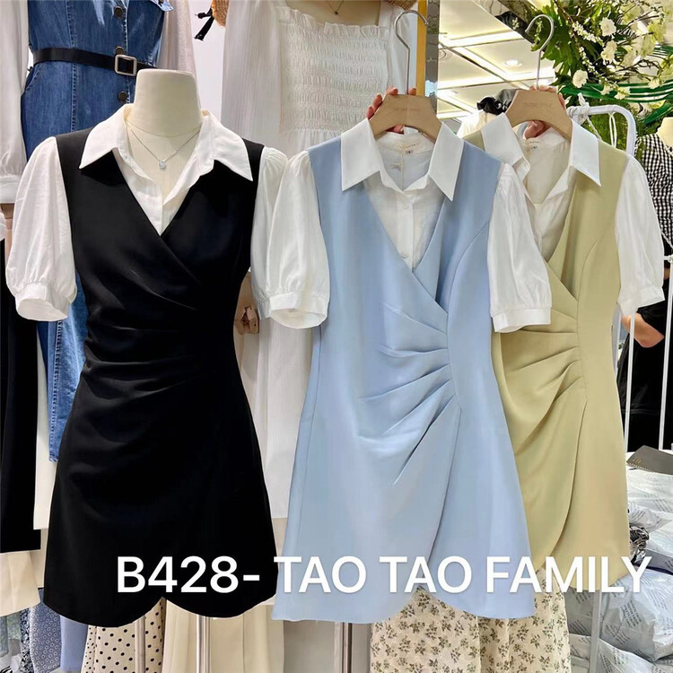 [Taotao family] solid color simple and versatile short sleeved shirt + Korean crimped V-neck sleeveless suit 3518# lwy