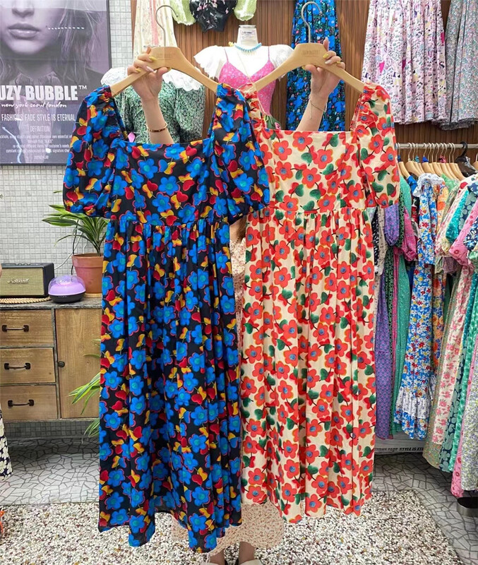 [suzybubble] Vintage square neck bubble sleeve floral waist dress 1196# WPL