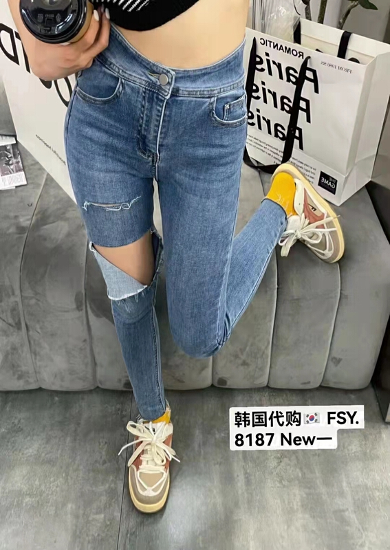 [x2 Fansi feather] high waist hole breaking foreign style elastic small leg jeans 8187# WTT