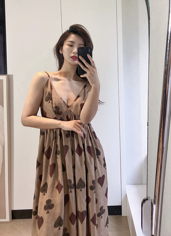 [AC] Vintage peach heart poker printed suspender dress 6890# JJ