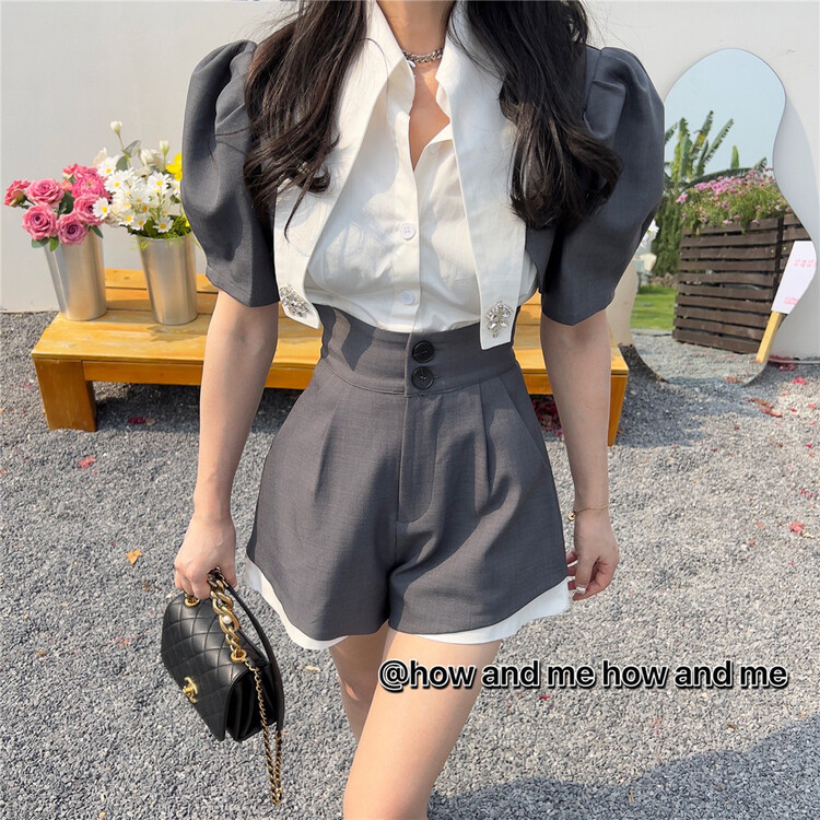 New in early summer! [how and me Cheng Xi] stitching design, vintage fashion shirt + slim casual Shorts Set 7061# LSL
