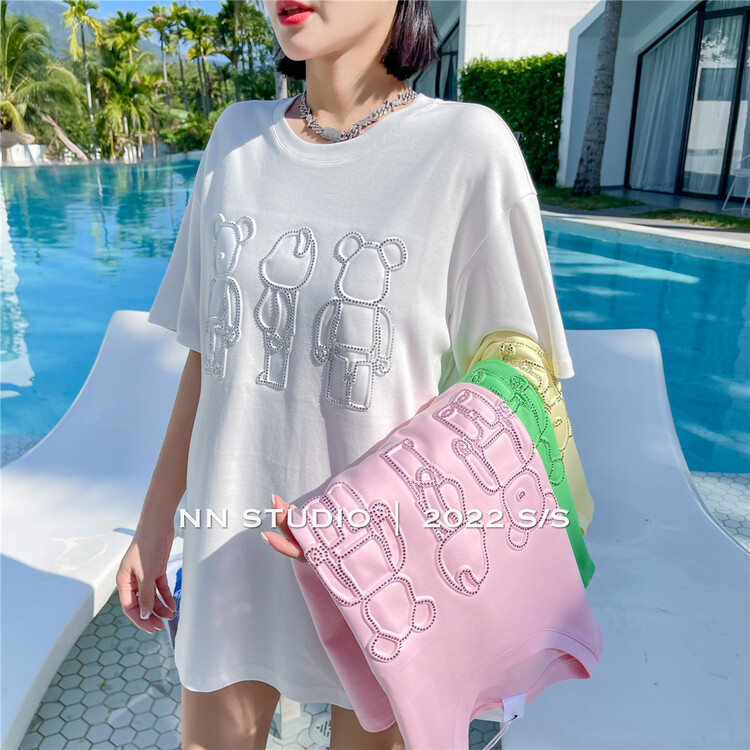 New year in early spring! [NN] heavy industry round neck Beaded bear short sleeve T-shirt 9308# hjy