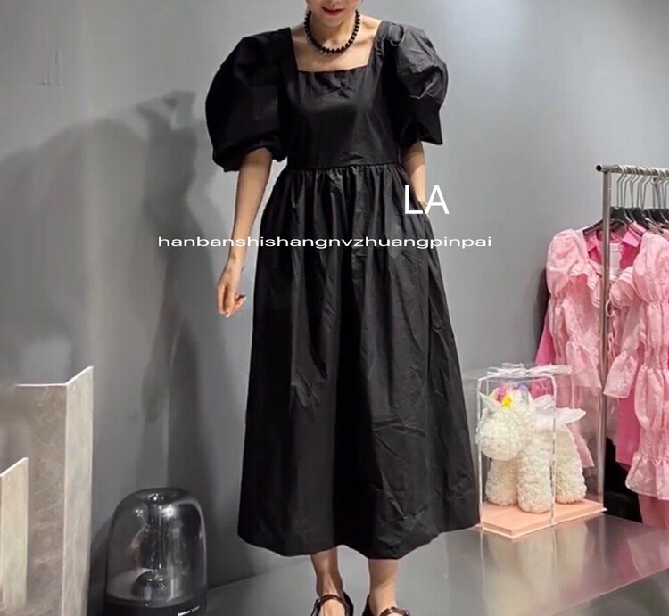 [laqssy] Korean square neck retro bubble sleeve dress 99096# zyh