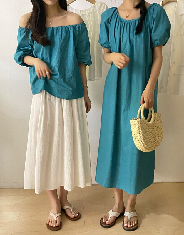 [BL] French style small crowd round neck bubble sleeve one line collar shirt 623251# CLS
