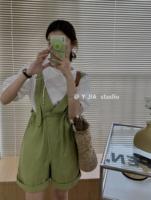 [y.jia Yijia] simple stitching bubble sleeve short sleeve T-shirt + design drawstring suspender suit ys1-6779# PCZ