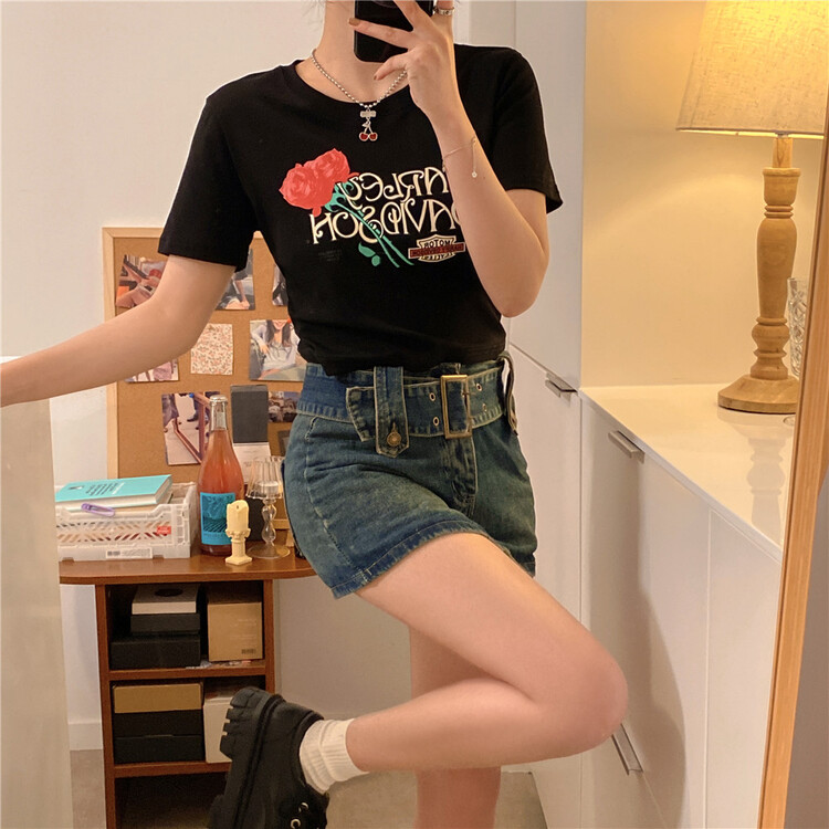 [free Valley] Korean rose printed Spice Girls short sleeved T-shirt 4735# LSW