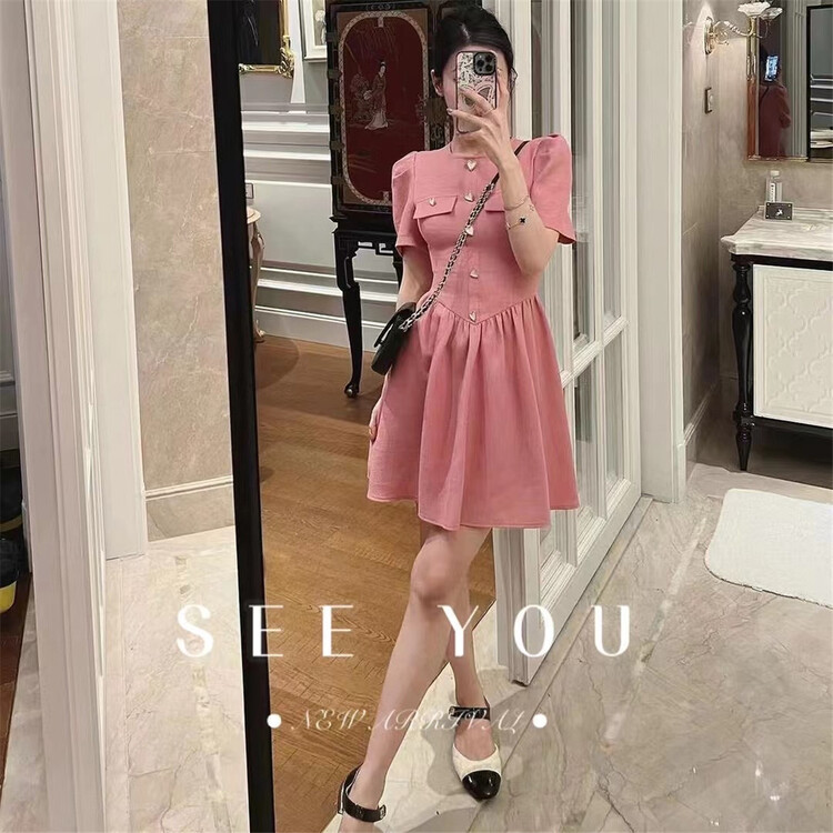 現貨!初夏上新!【SEE YOU】小香風圓領收腰愛心排扣連衣裙  3789#  PCZ