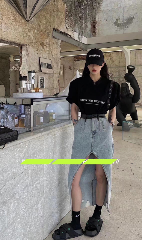 [K2 design] patchwork waist with large slit and worn denim skirt b12# WTT