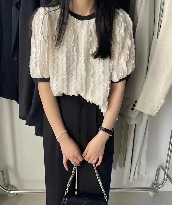 [misu +] crew neck versatile color matching blouse 80537# ZZL