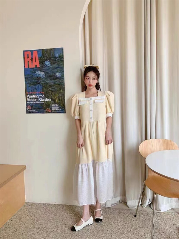 [rich] pleated lady color matching dress 9218# hyy