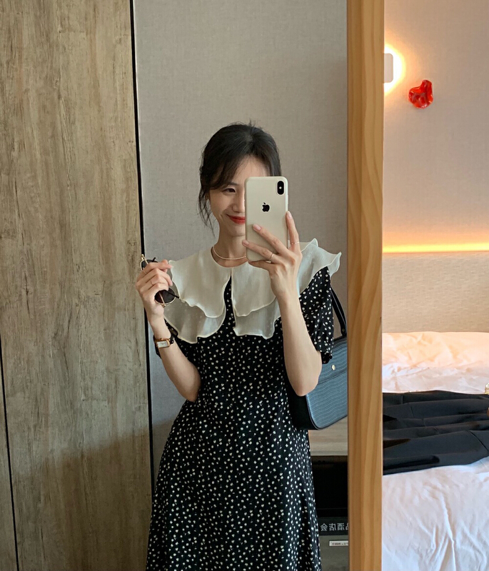 New in early summer! [by] French ruffled floral bubble sleeve waist closing Chiffon Dress 3112# Cl