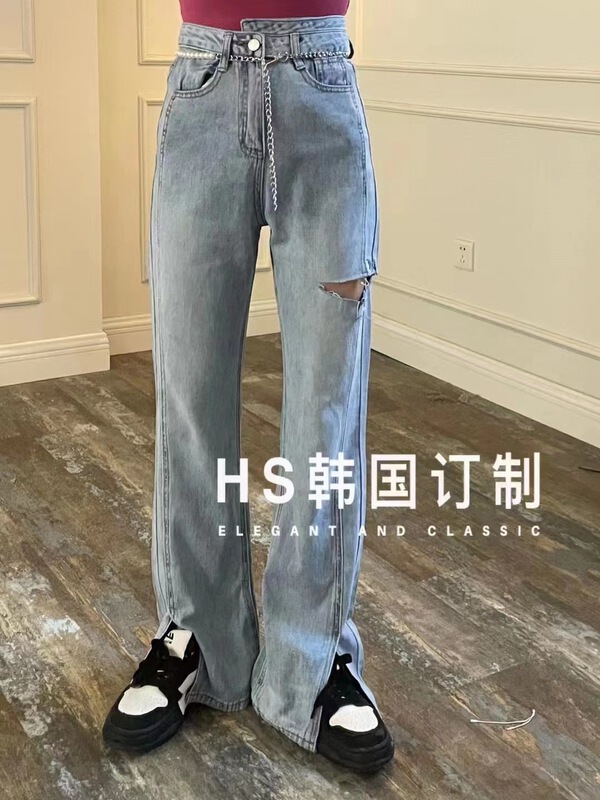 [HS customized in Korea] Korean version of medium and high waist slit straight jeans (with belt) 9906# hjy