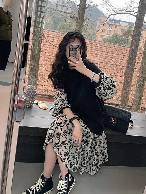 goods in stock! New year in early spring! [L.L studio] French stitched sweater fake two-piece dress 7117# PCZ