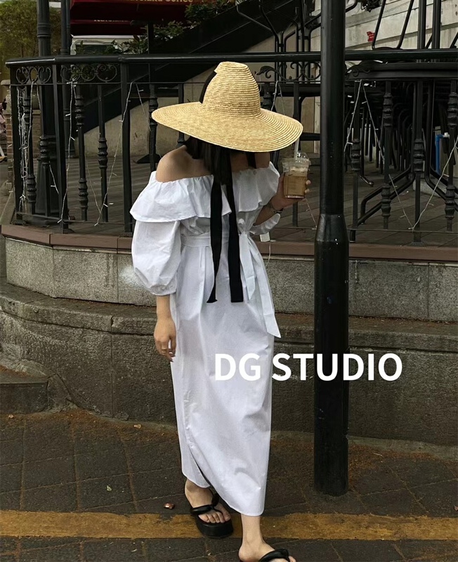 [DG] Korean one-piece shoulder lotus leaf edge dress (with belt) 8092# XJ