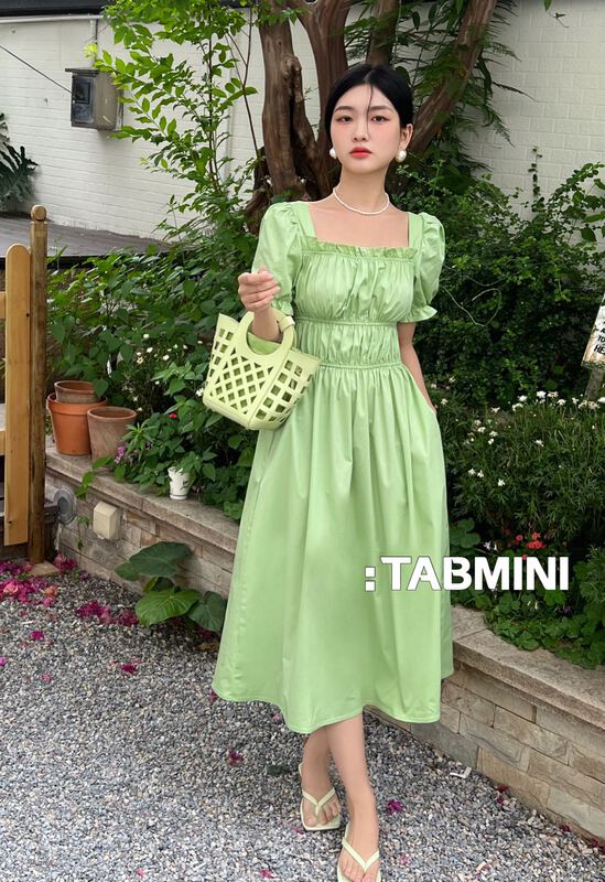 [tabmini] Korean style square neckline waist slim dress x19340-f# WPL