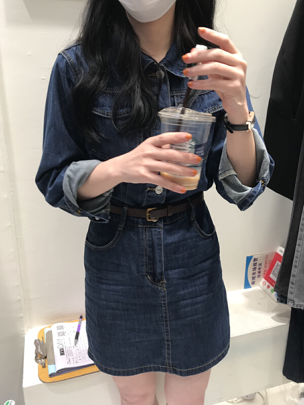 New in early summer! [meet me] French retro harbor style high-grade temperament waist closing denim dress 81078# ll