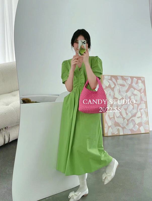 [candy] French style V-neck Pleated Dress 7366# zjy
