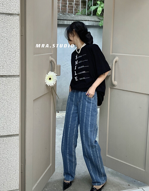 [MRA] design sense letter printed high waist straight jeans m1823# zxl