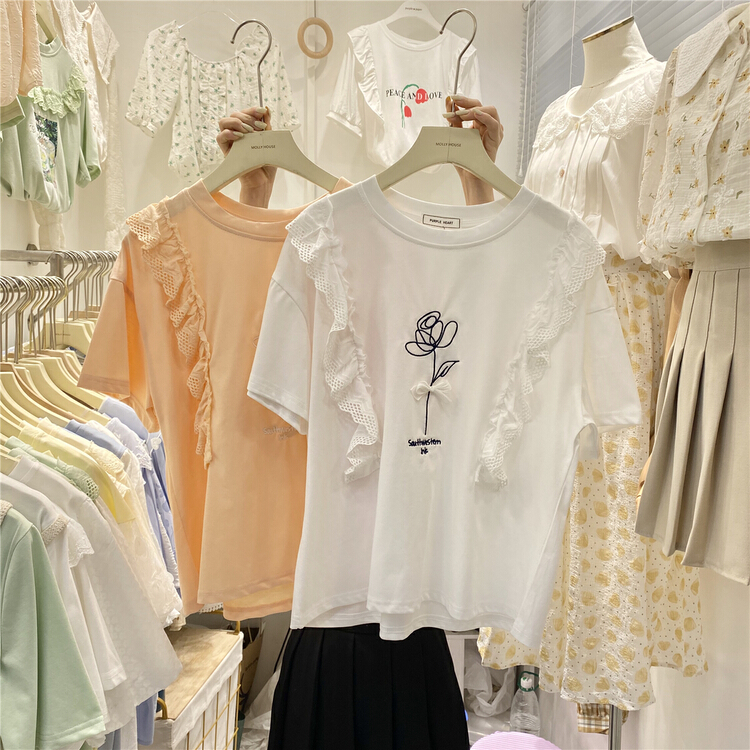 New in early summer! [purpler] Korean sweet embroidery round neck short sleeve T-shirt 0965# hjy
