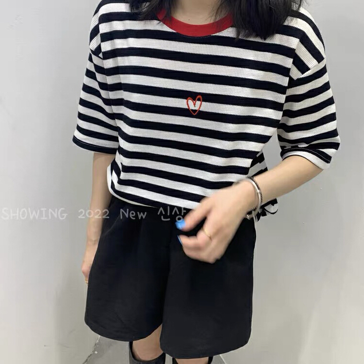 [path home] love stripe T-neck fashion short sleeve T-shirt 80528# WTT