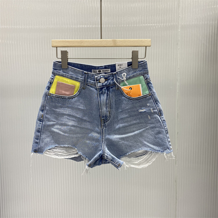[SMX] personalized pocket color contrast denim shorts 66788# XJ
