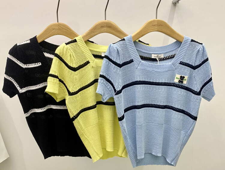 [BL Bertie Leah] square neck stripe short T-shirt 23255# XYJ