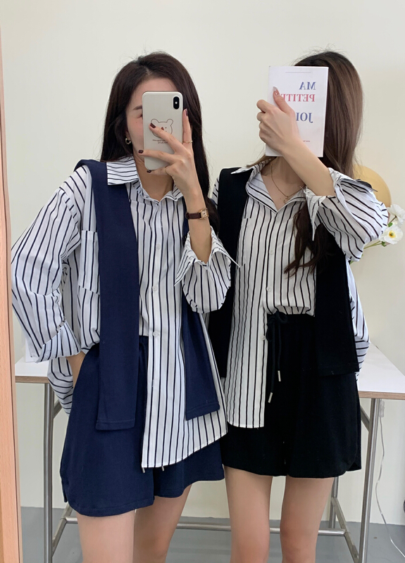 New year in early spring! [victory. 2] simple striped shirt + comfortable casual shorts two piece suit (with shawl) b81# WPL