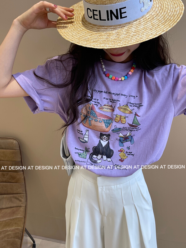 [at] casual cat hand-painted style printed short sleeve T-shirt 57003# LSL