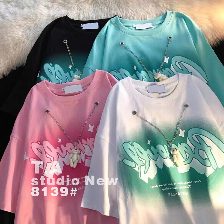 [TA +] Korean loose letter short sleeve T-shirt (with detachable necklace) 8139# XYY