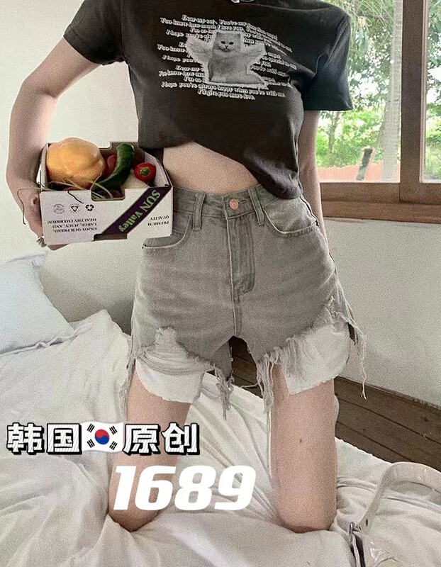 New in early summer! [original in Korea] high waist retro smoky grey with holes and rough edges jeans 1689# L