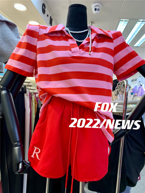 [fox] Korean striped Pullover short sleeve T-shirt + casual versatile Shorts Set 53063# WTT