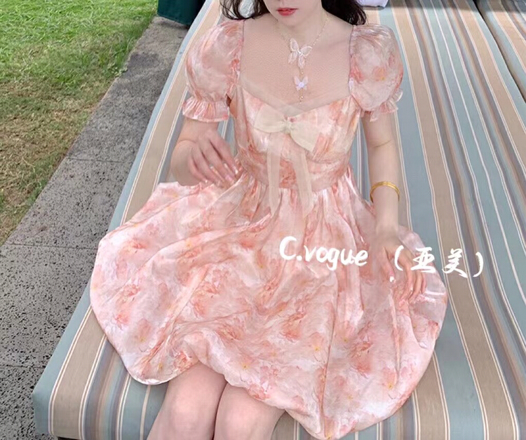 [c.vogue] French gentle retro bow tie lace up floral dress 28250# PCZ
