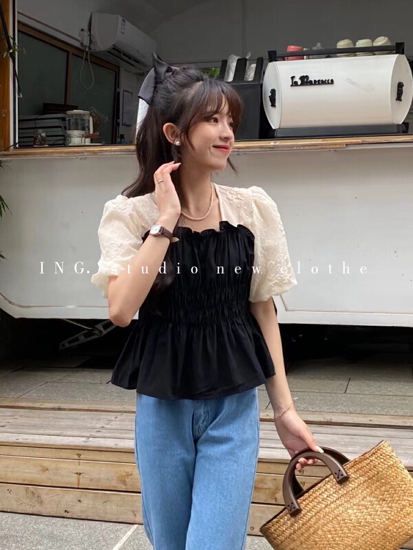 [ing] French retro square neck bubble sleeve slim fit fake two small shirts 7713# HBx