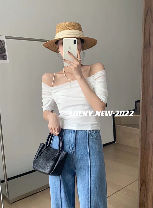 [lucky] mesh splicing Sling Shoulder drop shirt 8796# zxx