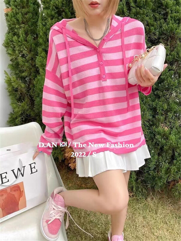 [d.an] hooded contrast stripe long sleeve loose knit ys1-8869# zxx